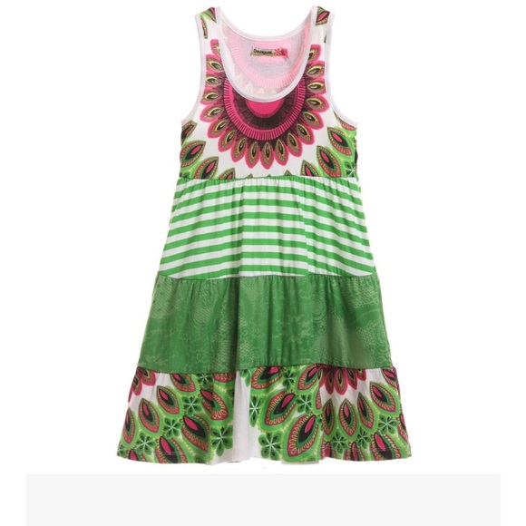 Desigual Girls Cotton Dress with Green and Pink Patterns 11/12 - Picture 1 of 13